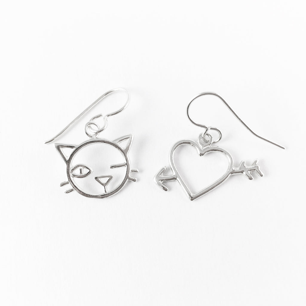 WCE - Kitty/Heart Earrings - Sterling Silver